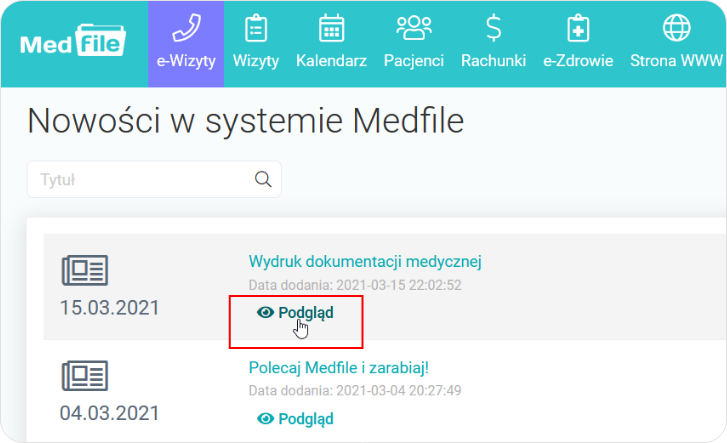 Podgląd w nowościach systemu Medfile