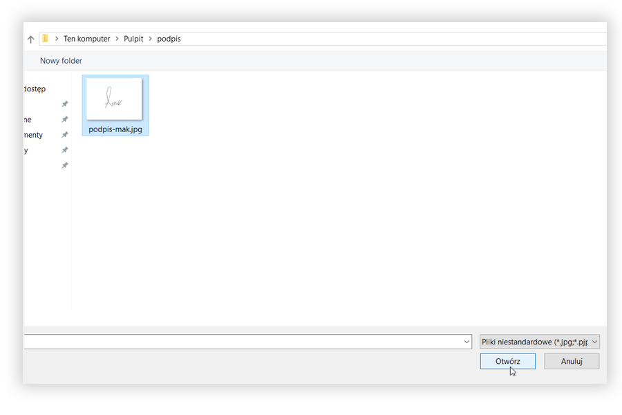 Wybór podpisu z dysku komputera