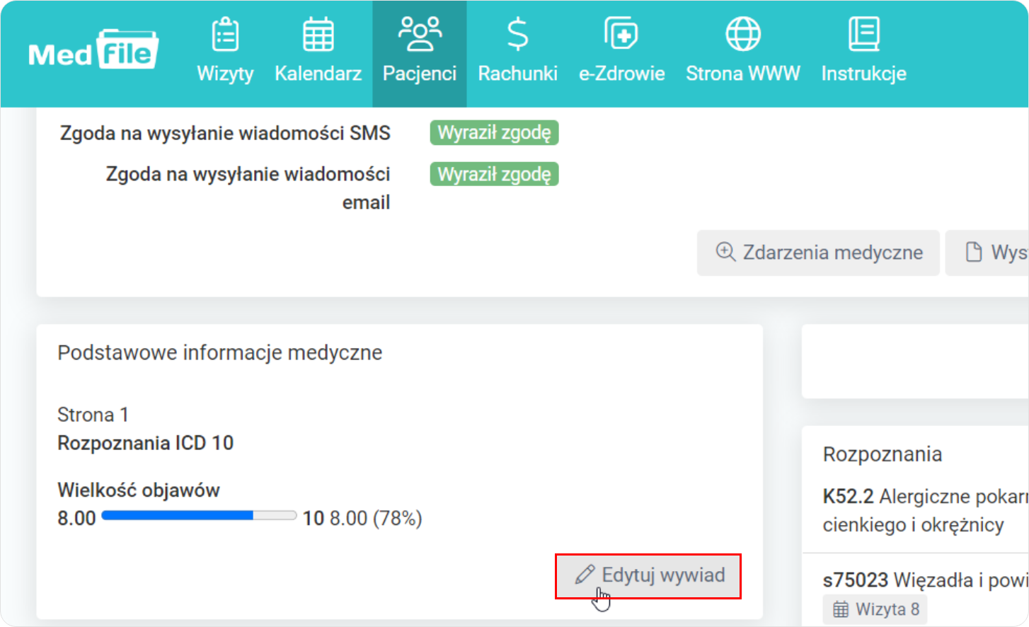 Edytuj wywiad z poziomu Podstawowe infomacje medyczne