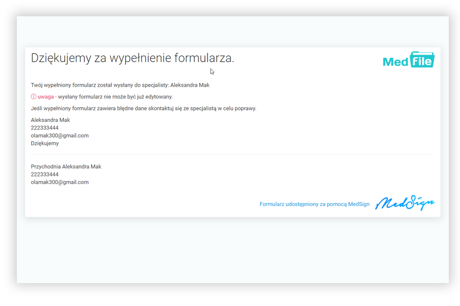 Podziękowanie za wypełnienie formularza