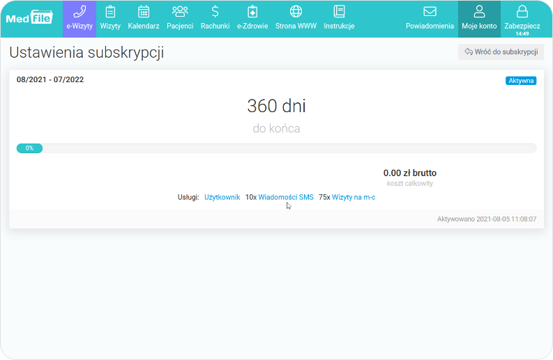 Wybór ustawień subskrypcji w Medfile