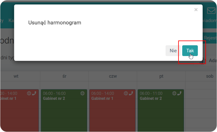 Potwierdź usuwanie w harmonogramie tygodniowym