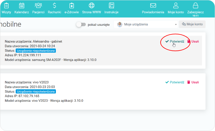 Potwierdź wprowadzone urządzenie mobilne