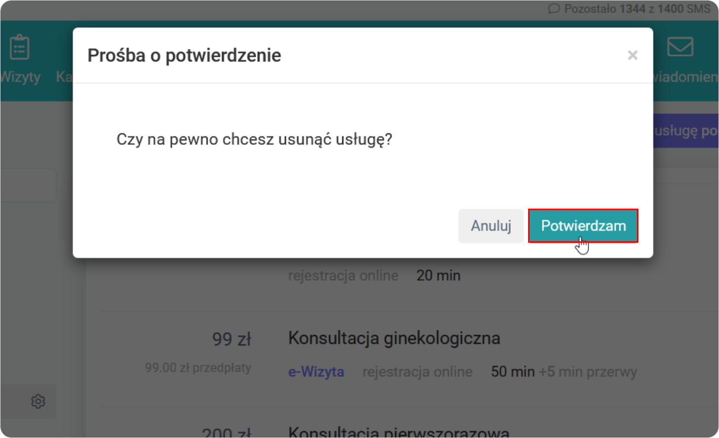 Potwierdzam chęć usunięcia wybranej usługi