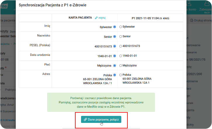 Porównaj i zaznacz prawidłowe dane pacjenta