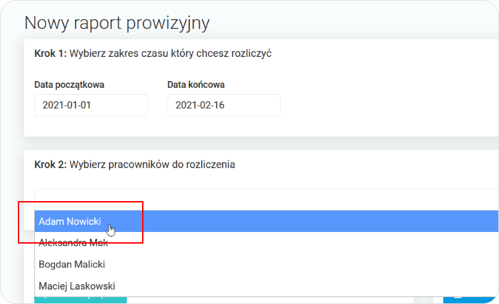 Wybierz pracowników do rozliczenia