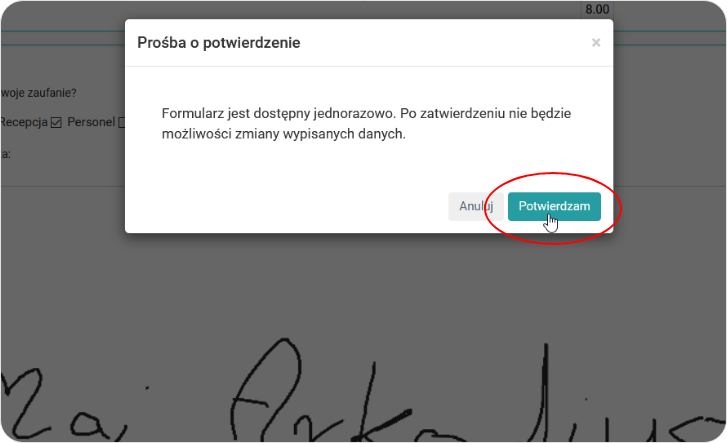 Prośba o potwierdzenie wprowadzonych danych