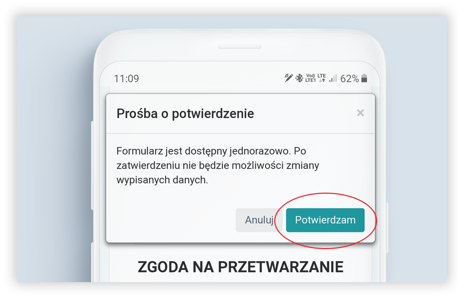 Prośba o potwierdzenie wprowadzonych danych sms