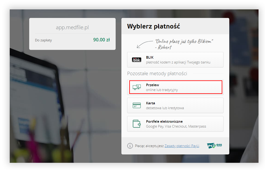 Wybierz formę płatności za wizytę PayU