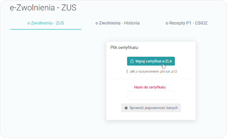 Wybierz przycisk wgraj certyfikat e-ZLA