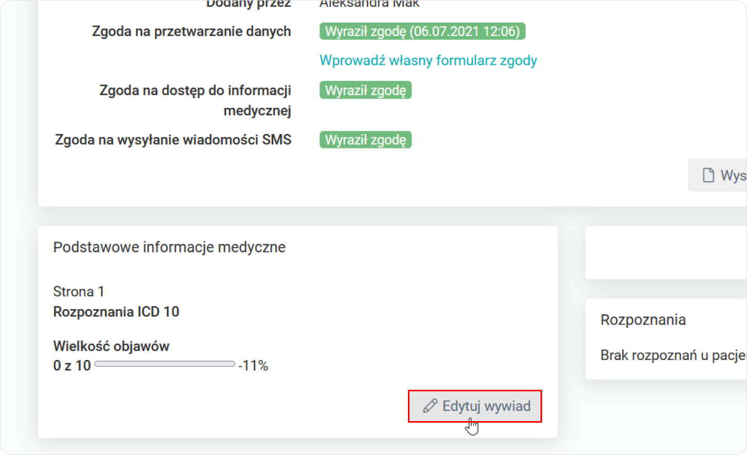 Wybierz przycisk Edytuj wywiad medyczny