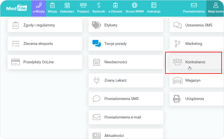 Kliknij w Kontrahenci na poziomie Moje konto