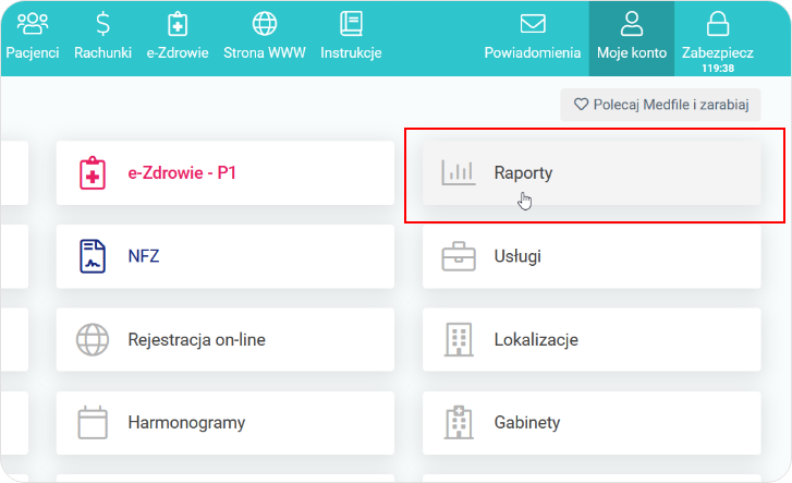 Wybierz przycisk Raporty na poziomie Moje konto
