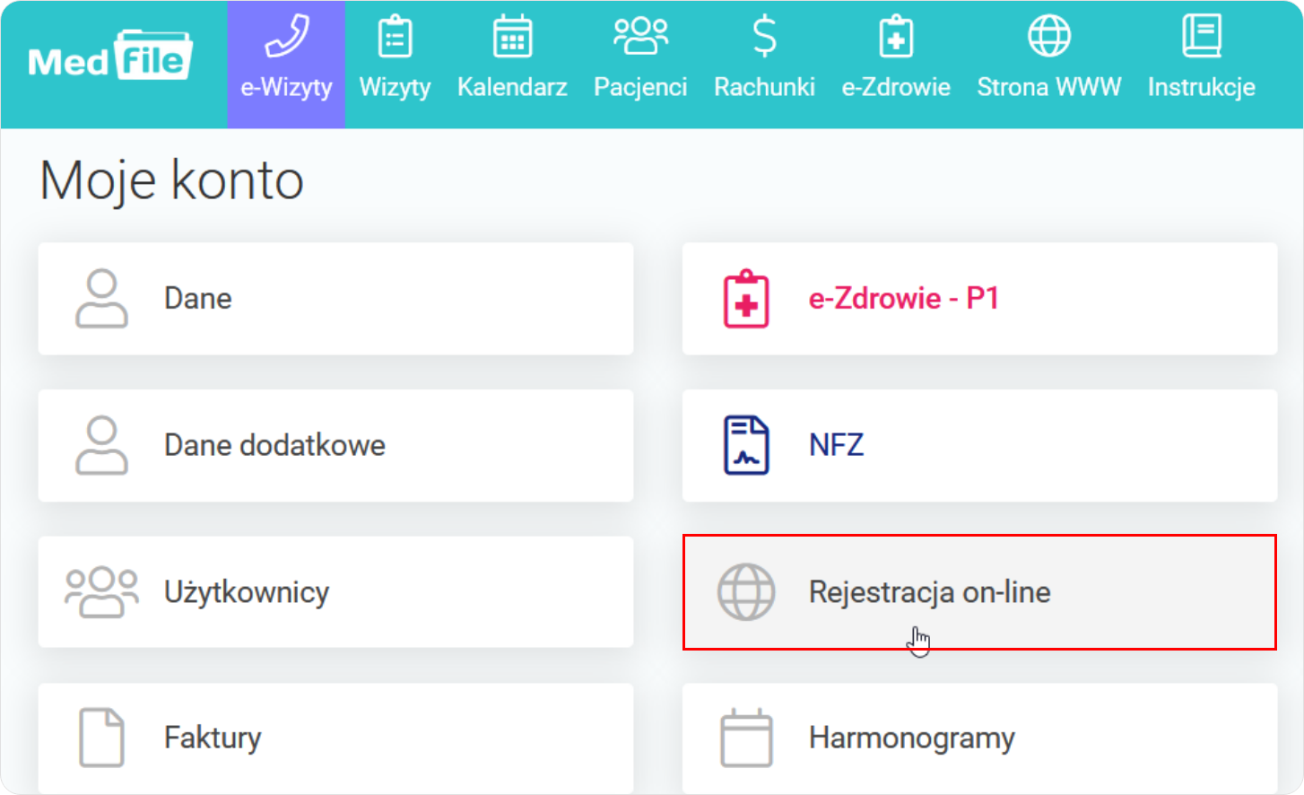 Wybierz kafelkę Rejestracja on-line na poziomie Moje konto