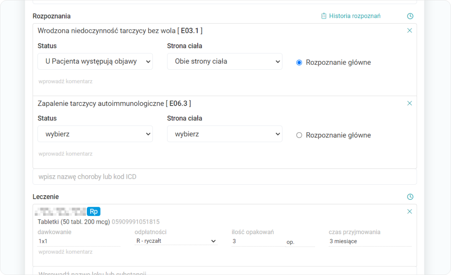 Uzupełnij rozpoznania oraz leczenie pacjenta 