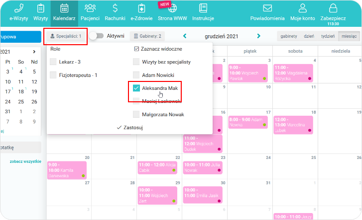 Widok kalendarza wybranego specjalisty