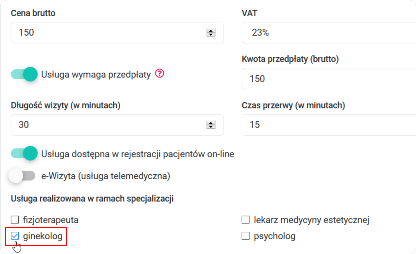 Oznacz specjalizacje w ramach których realizowana jest usługa