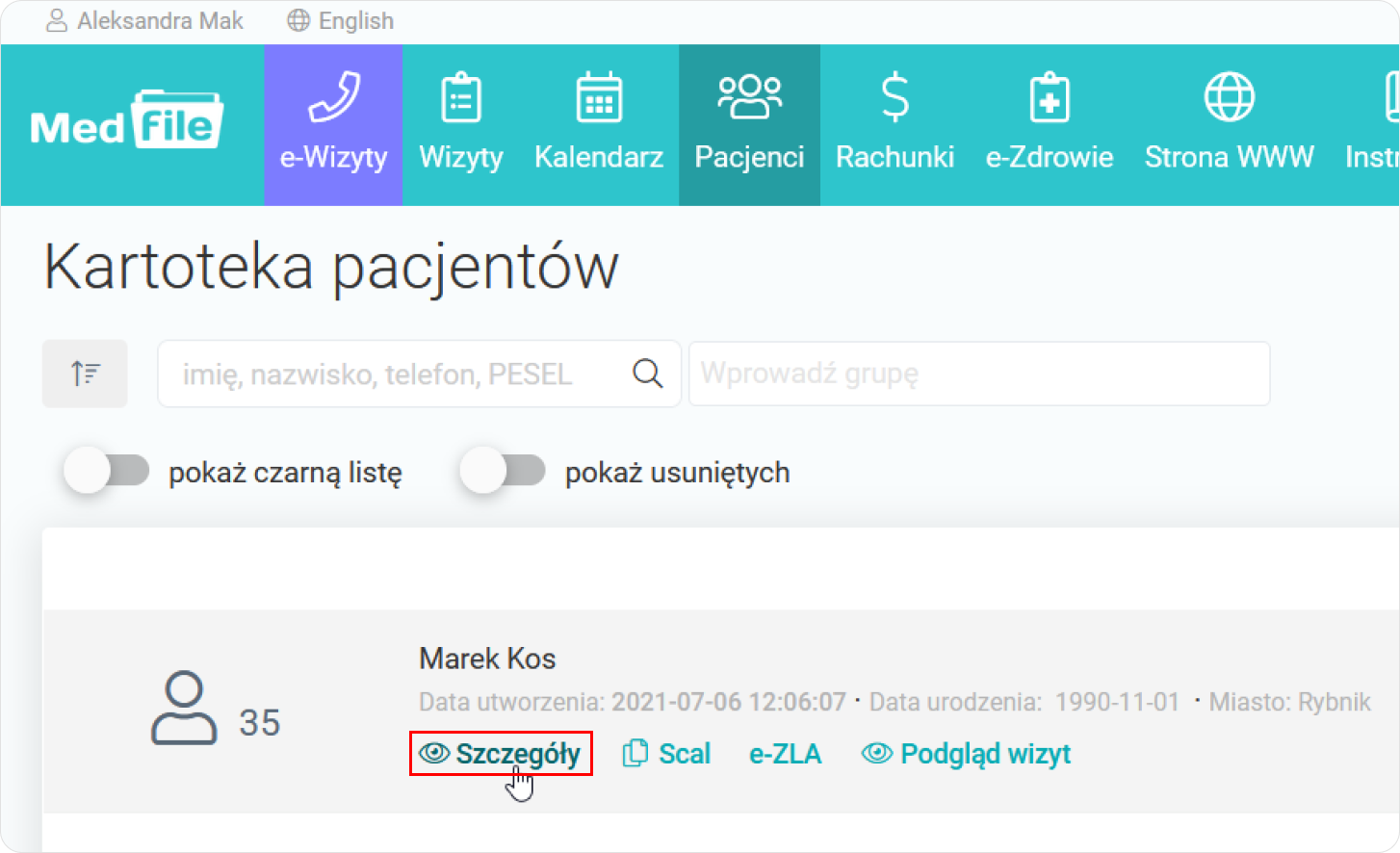 Wybierz Szczegóły pacjenta z Kartoteki pacjentów