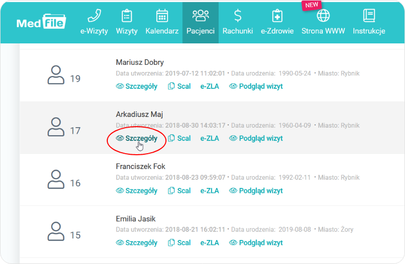Kliknij w Szczegóły pacjenta