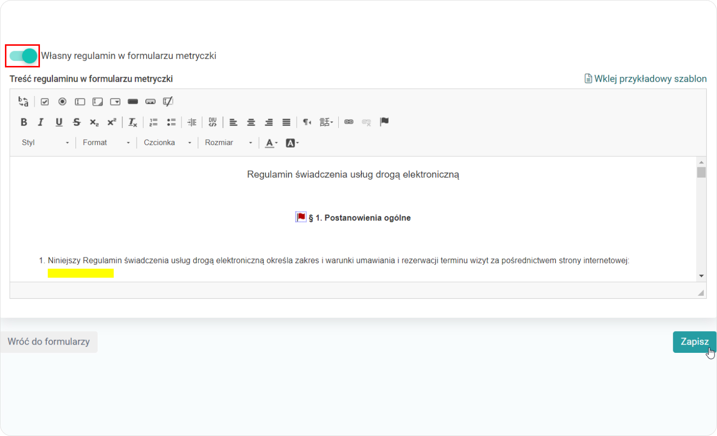 Wprowadź treść regulaminu w formularzu metryczki 