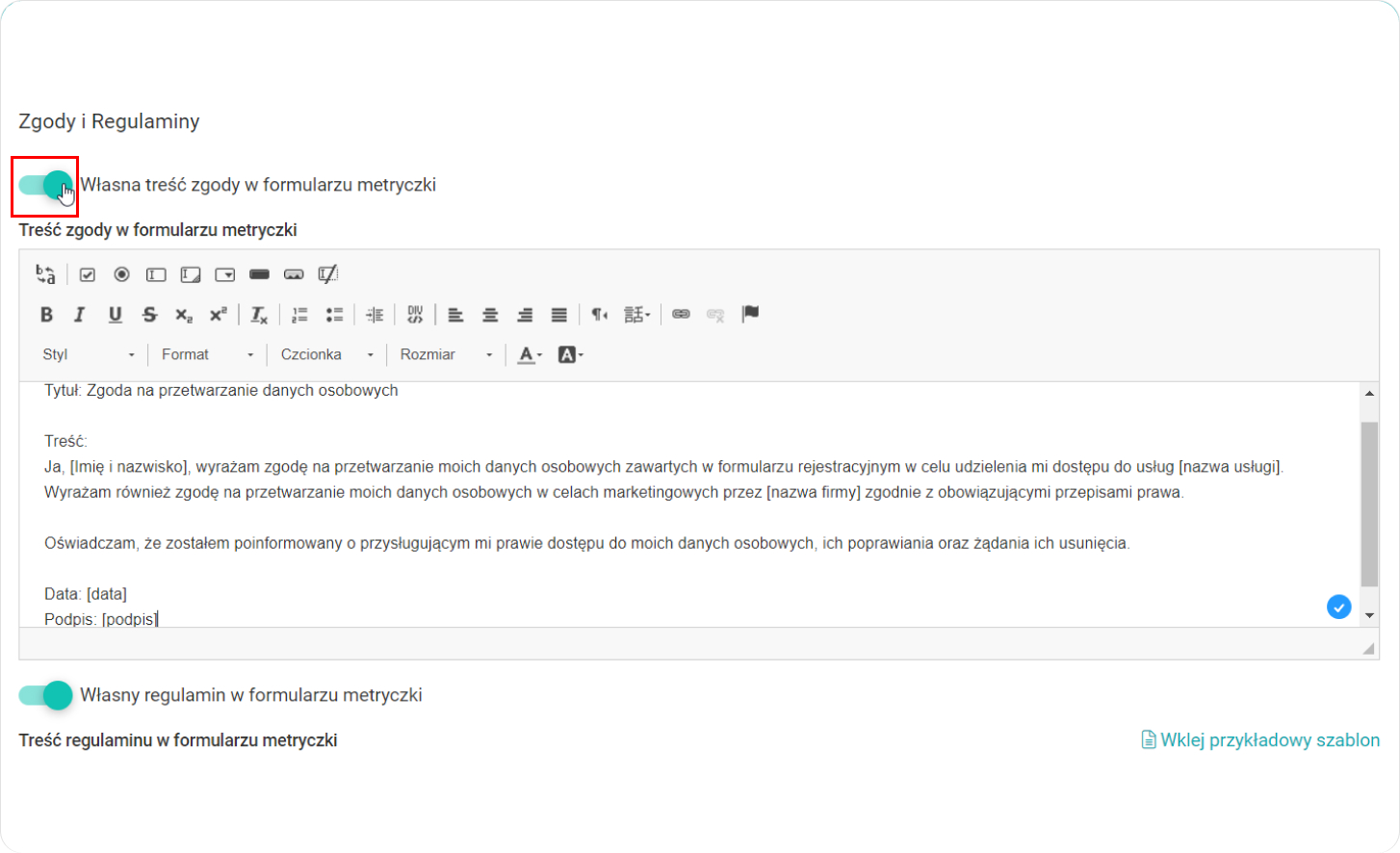 Wprowadź treść zgody w formularzu metryczki 