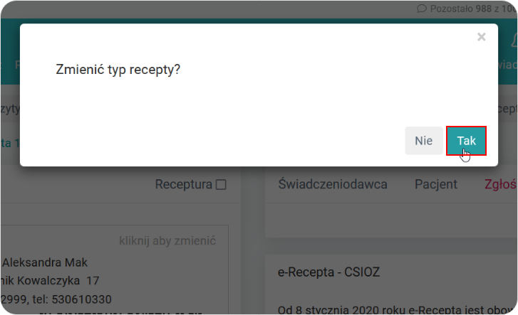 Zmień typ recepty 