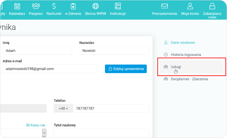 Wskaż na opcję Usługi w edycji użytkownika