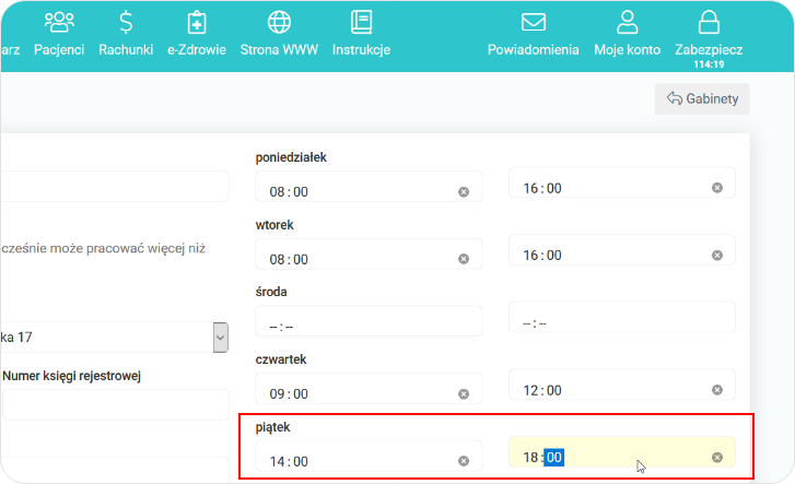Ustaw godziny pracy gabinetu