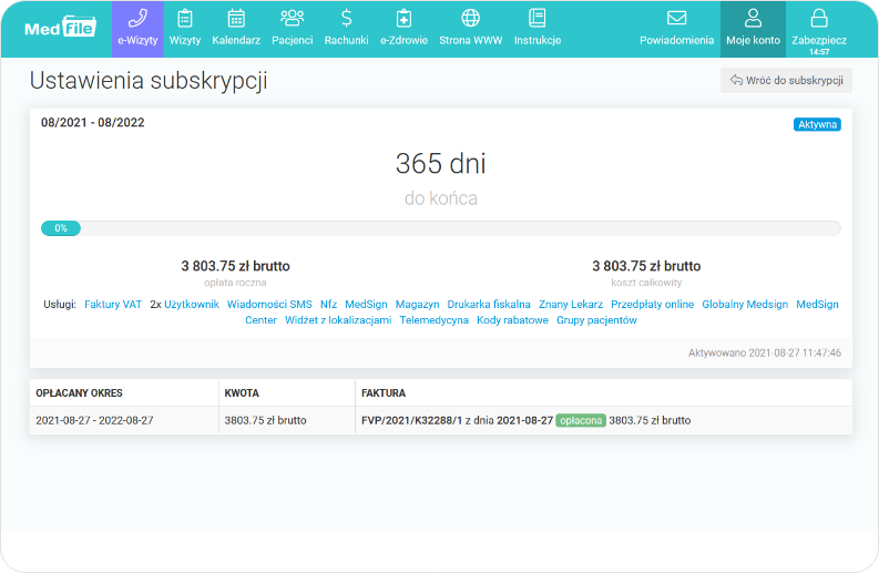 Sprawdź ustawienia subskrypcji konta Medfile Business