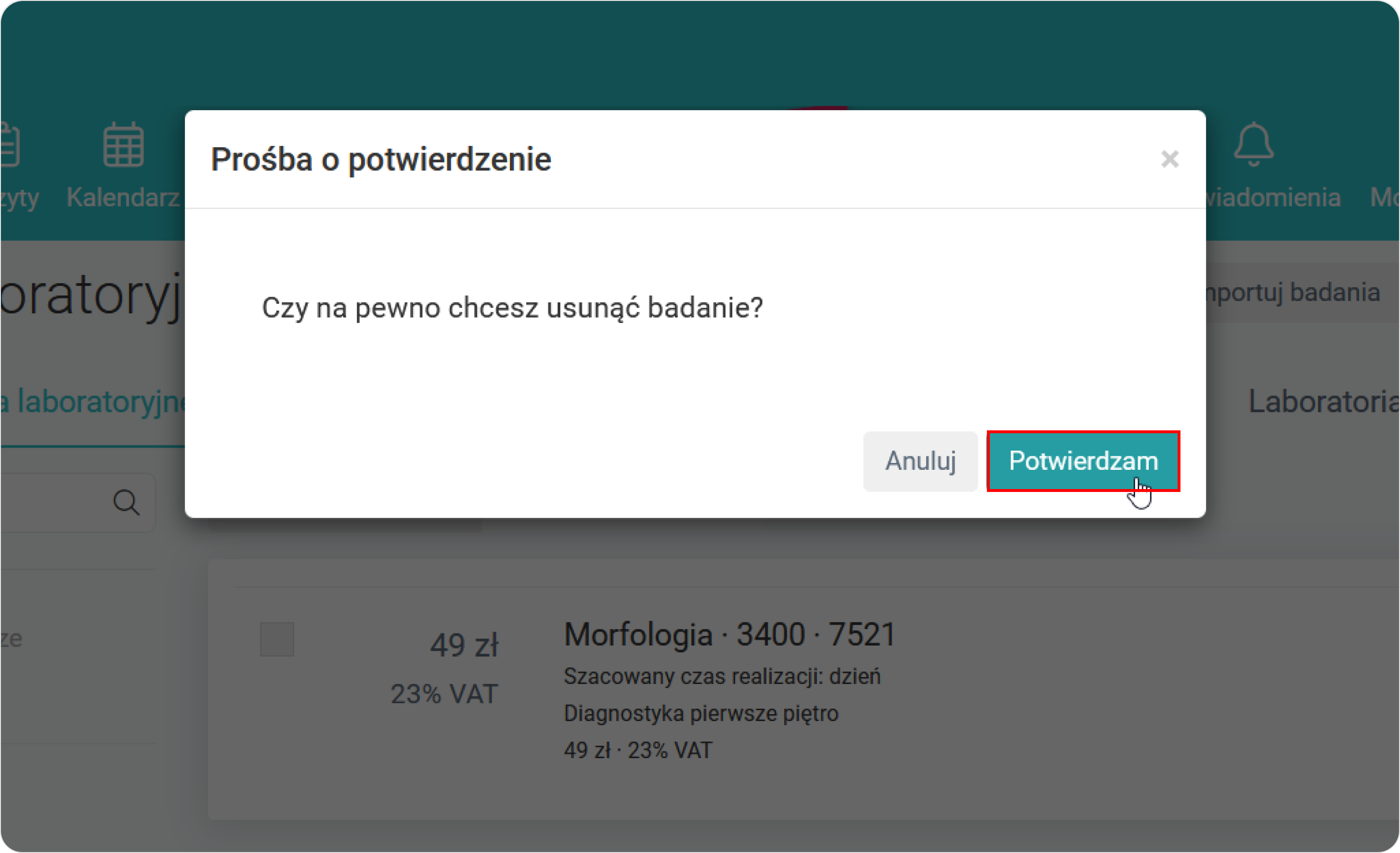 Potwierdź usunięcie badania laboratoryjnego 