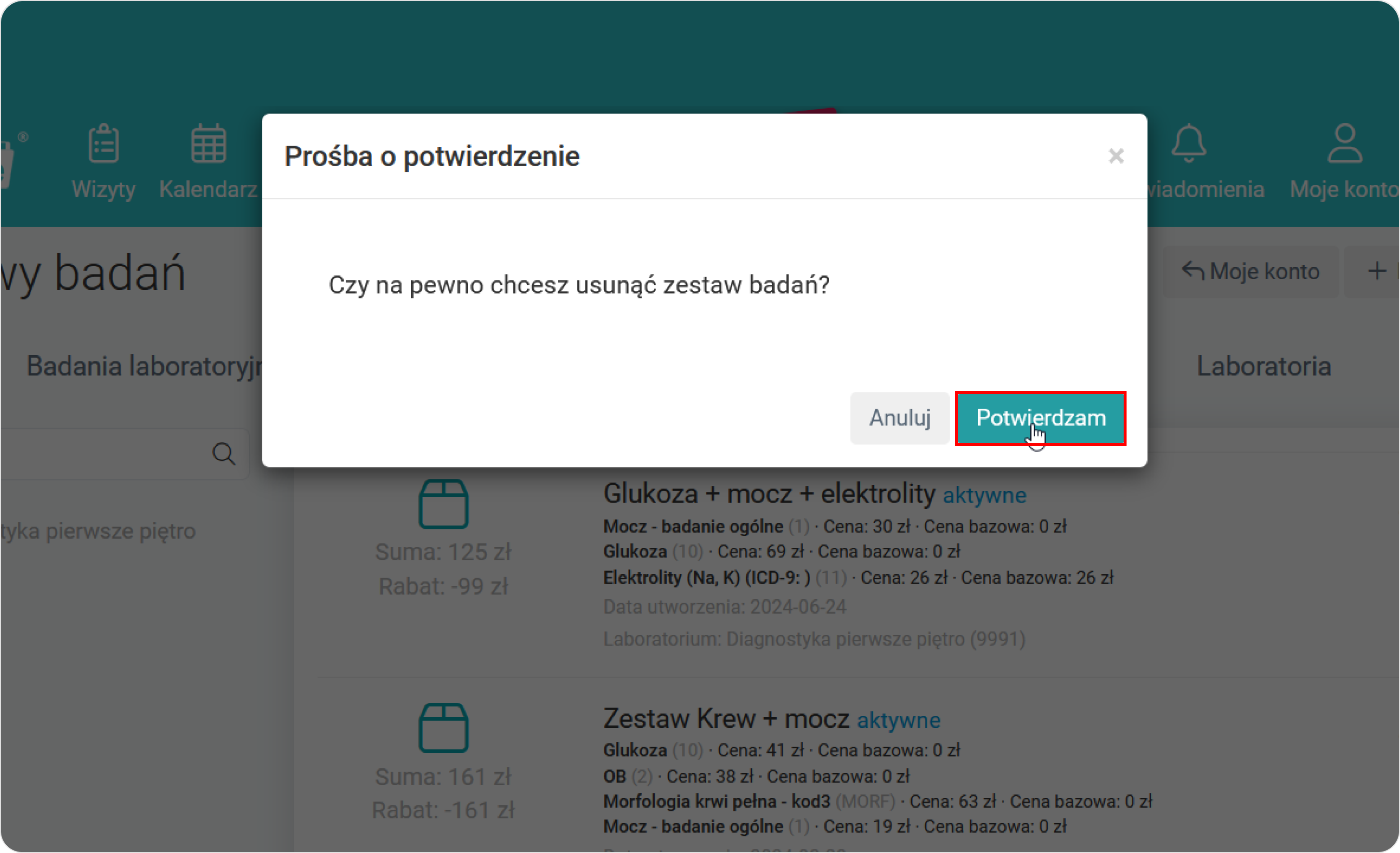 Potwierdź usunięcie zestawu badania laboratoryjnego 