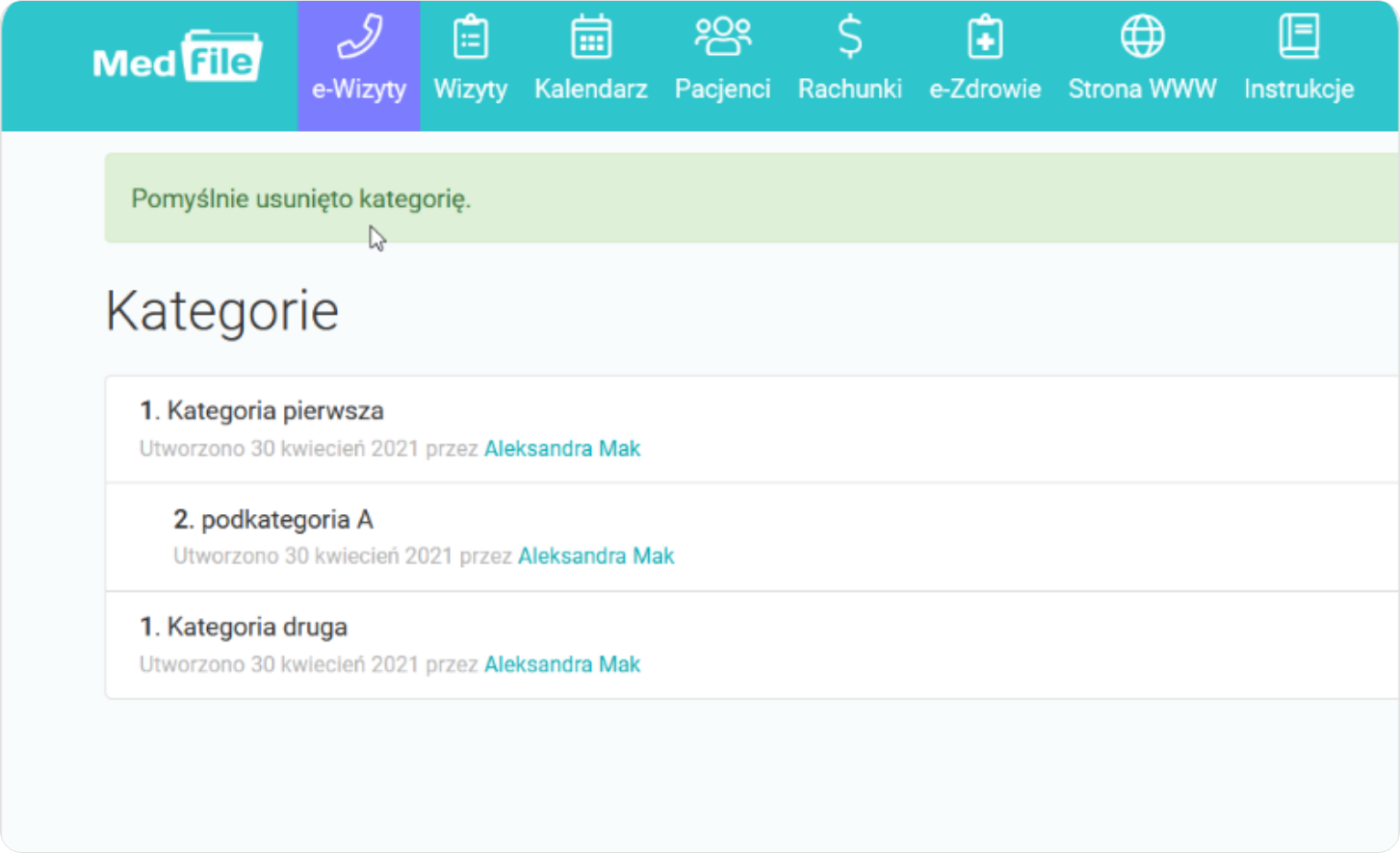 Pomyślnie usunięto kategorię w grupach pacjentów