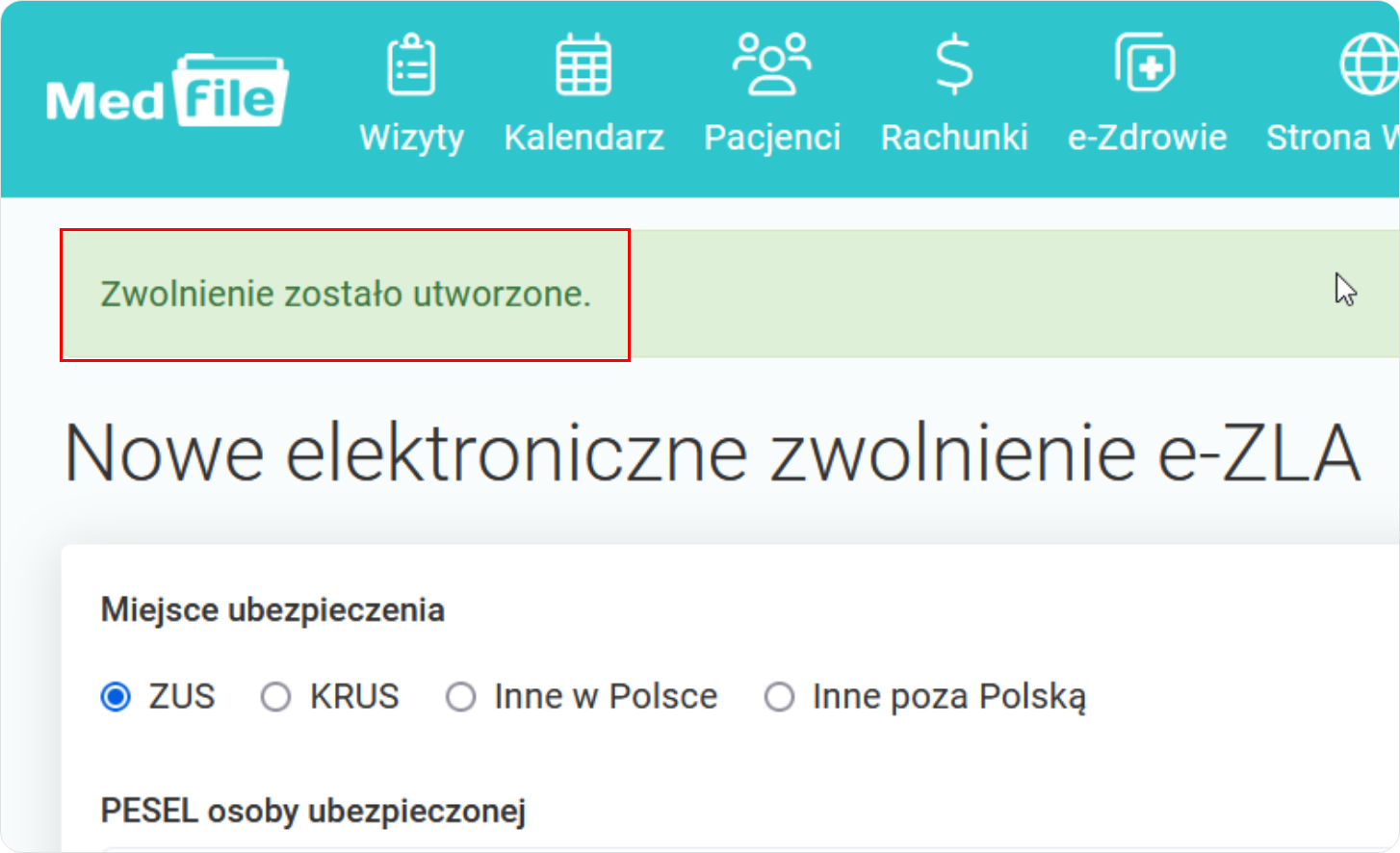 Komunikat potwierdzający utworzenie zwolnienia 