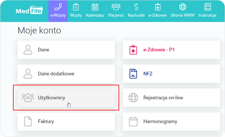 Wybierz kafelkę Użytkownicy z poziomu Moje konto