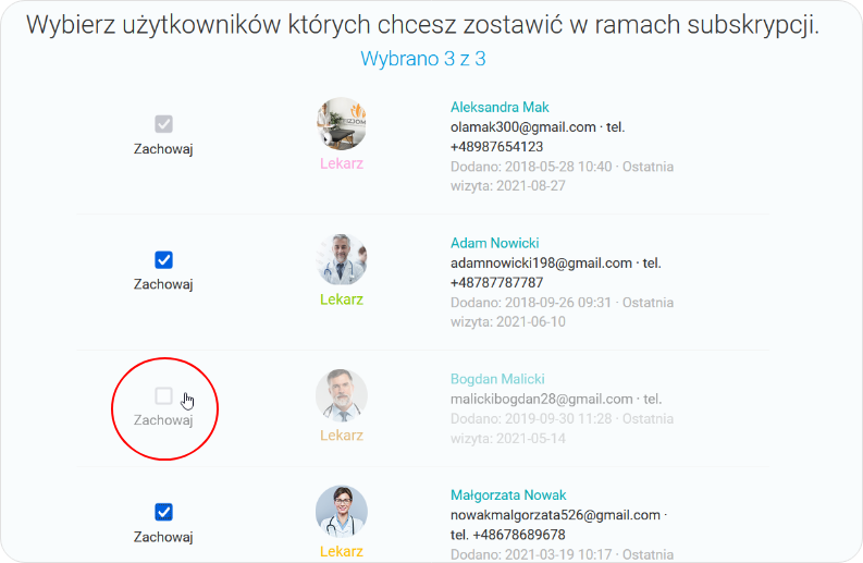 Wybierz użytkowników których chcesz zostawić w ramach subskrypcji