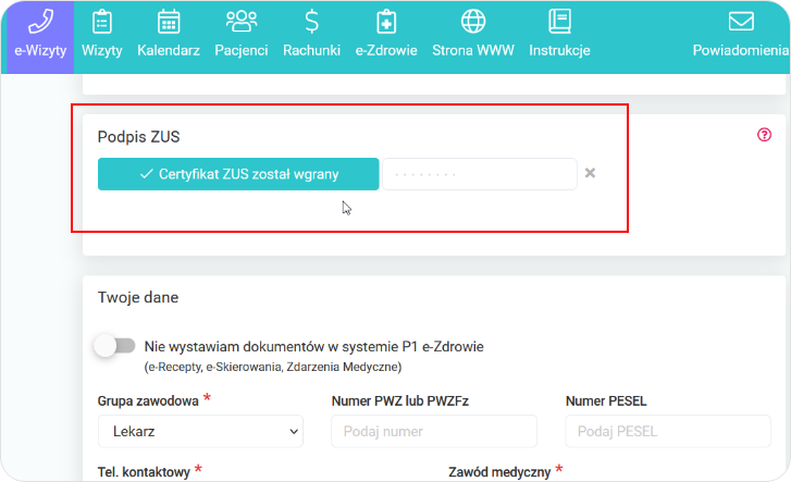 Certyfikat ZUS został wgrany