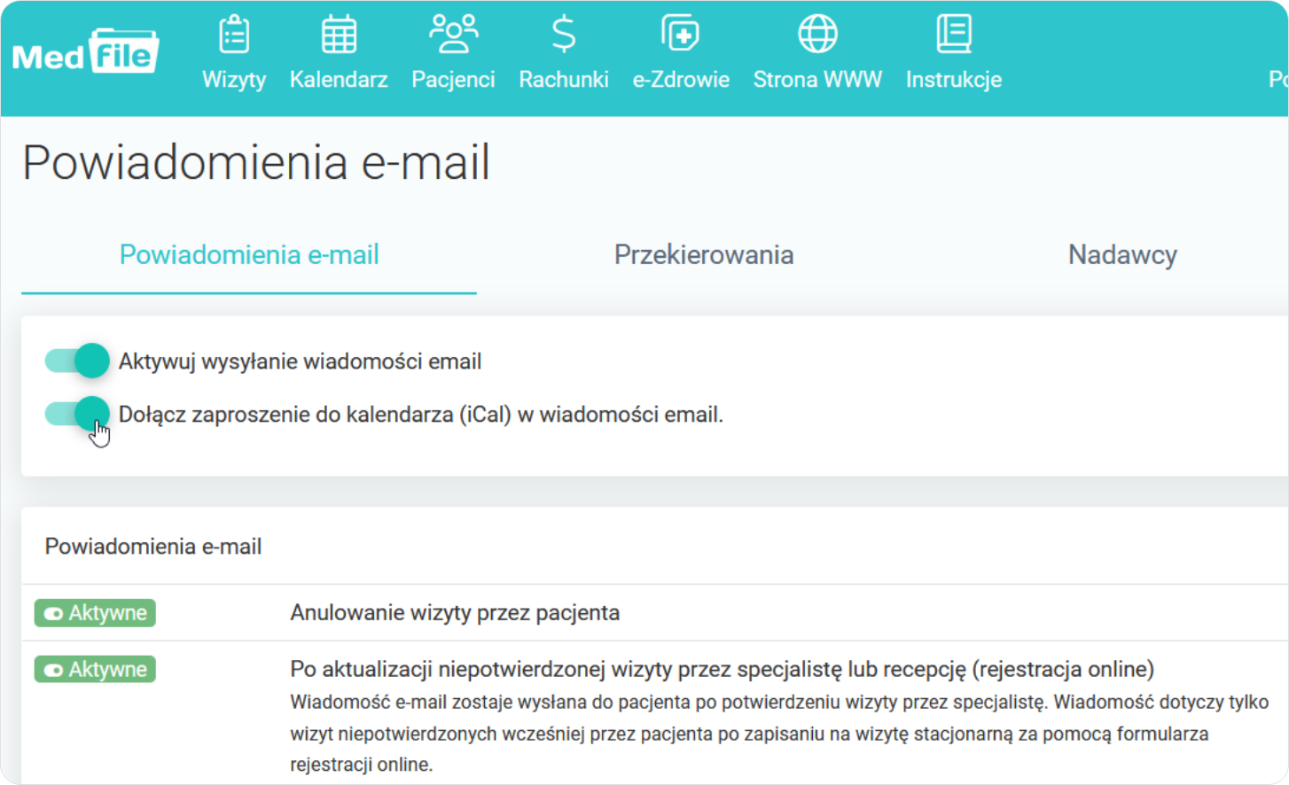 Widok zakładki powiadomienia e-mail