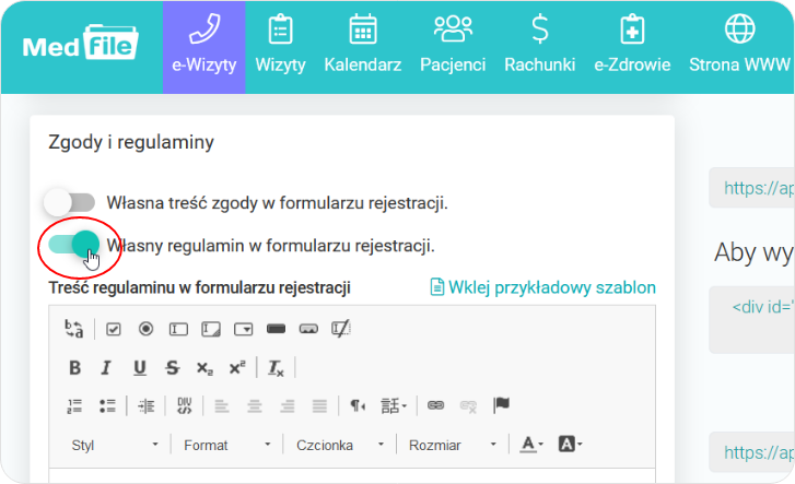 Uaktywnij switch własny regulamin w formularzu rejestracji