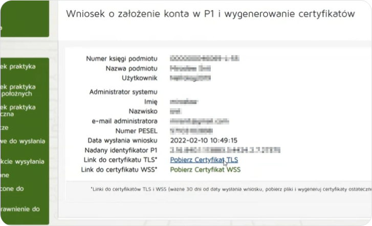 Wniosek o założenie konta w P1 i wygenerowanie certyfikatów