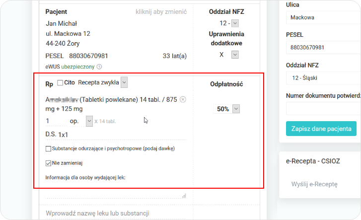 Widok wprowadzonego leku na recepcie Rp