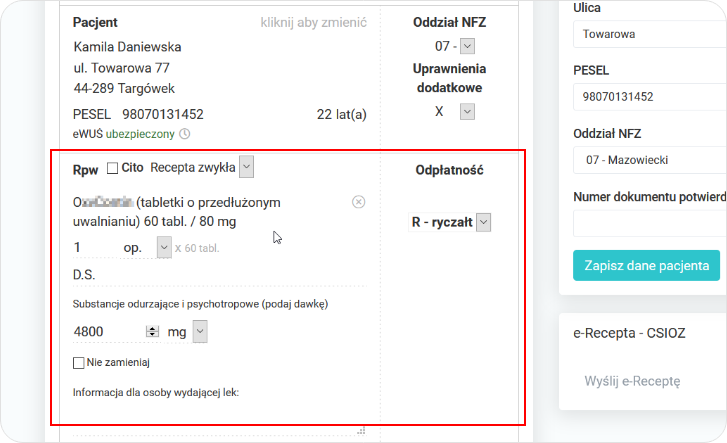 Widok wprowadzonego leku na recepcie Rpw