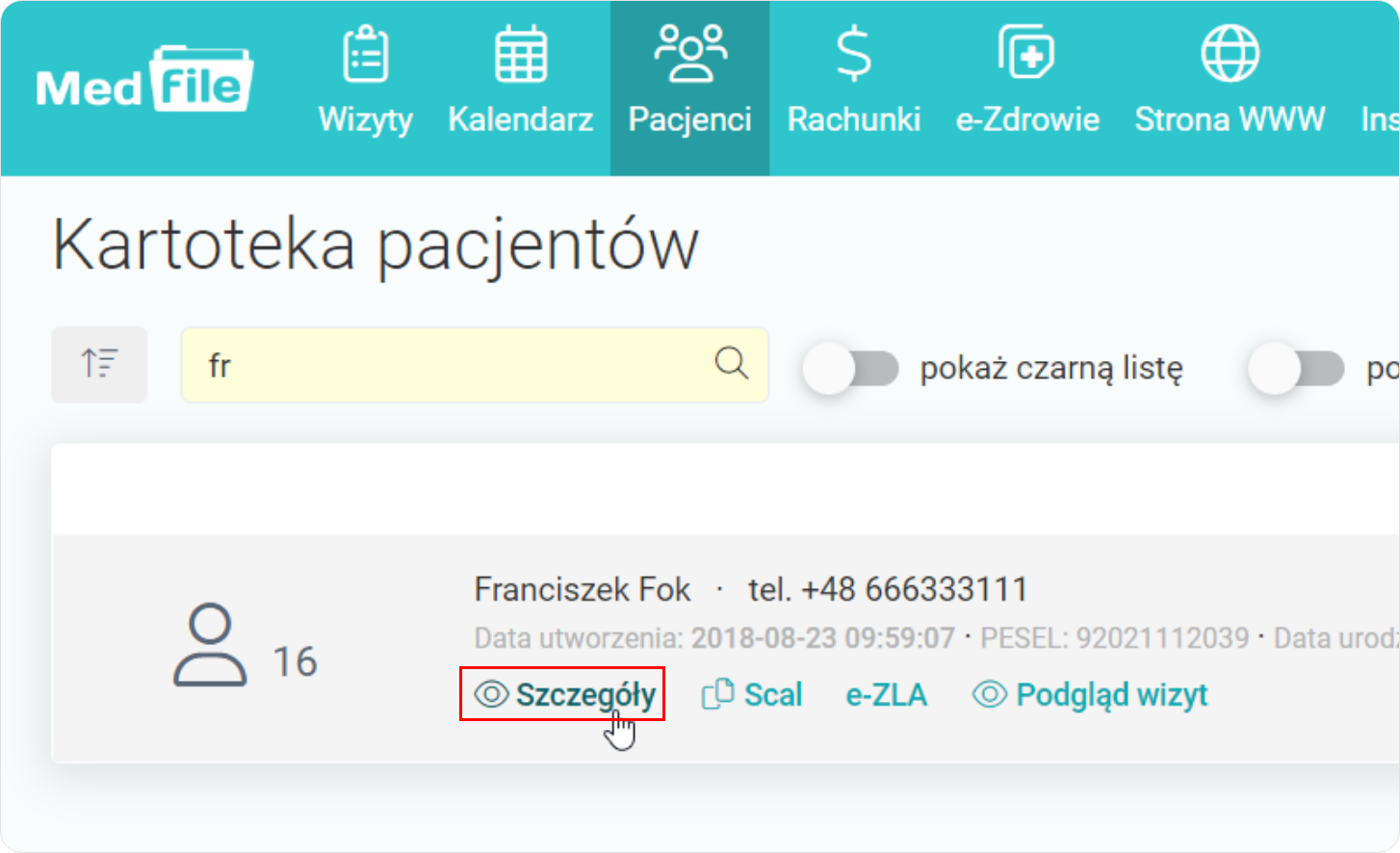 Wskaż na Szczegóły pacjenta w kartotece pacjentów