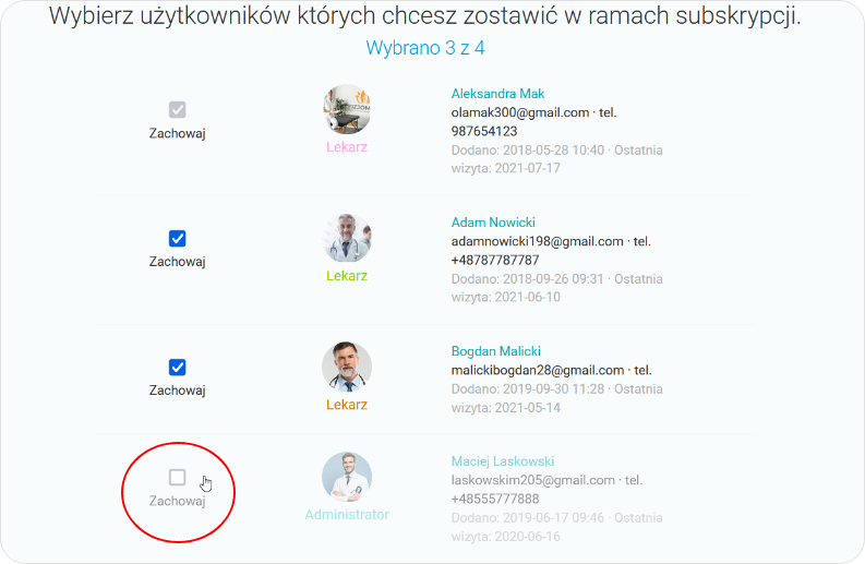 Wybierz użytkowników których chcesz zostawić w ramach subskrypcji