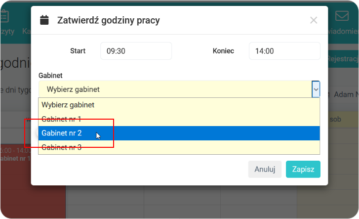 Wybierz gabinet Harmonogram tygodniowy