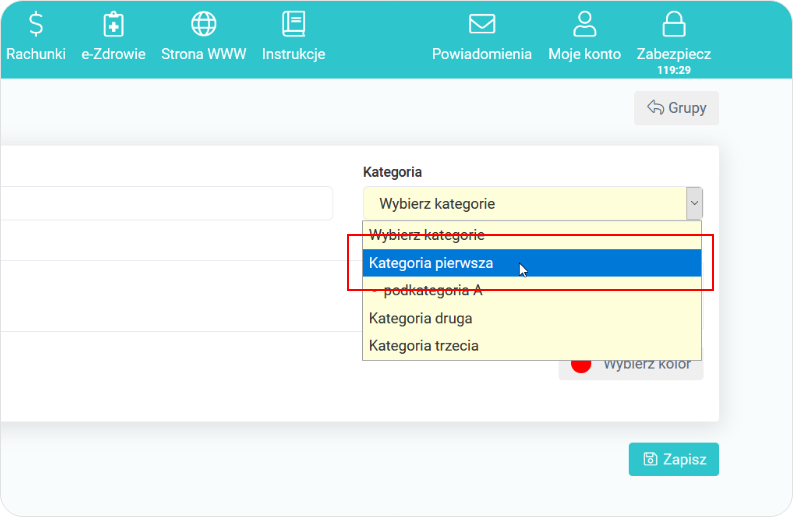 Wybierz kategorię z listy w Edycja grupy