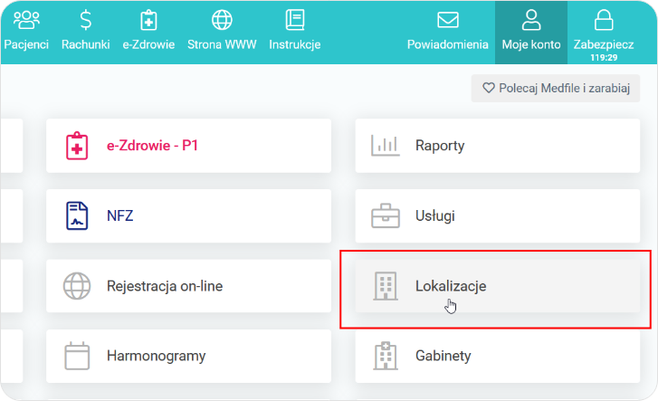 Wybierz Lokalizacje z poziomu Moje konto