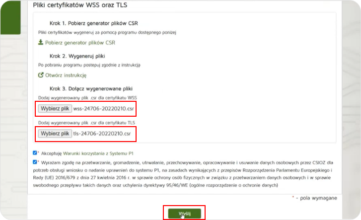 Dołącz wygenerowane pliki CSR