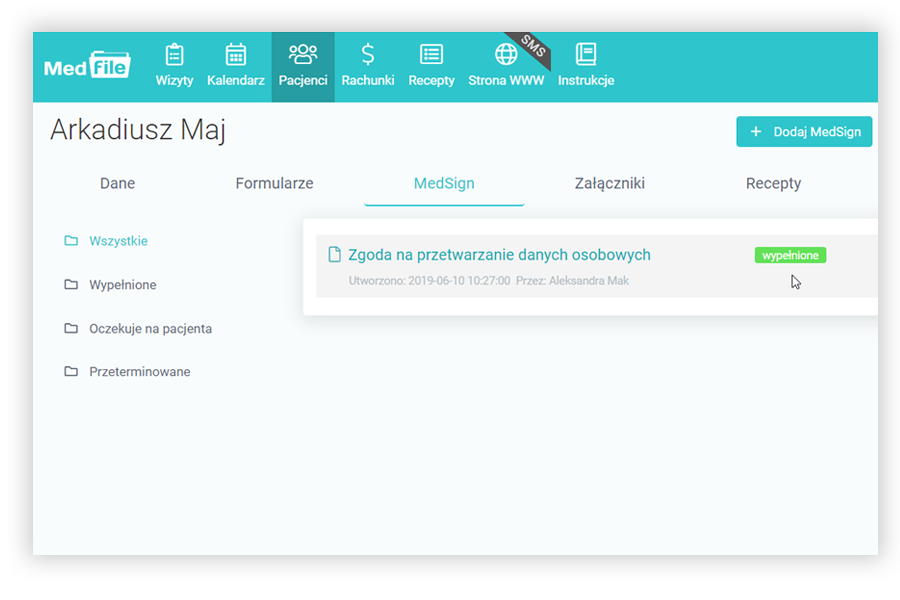 Wypełnione dane w formularzu MedSign sms