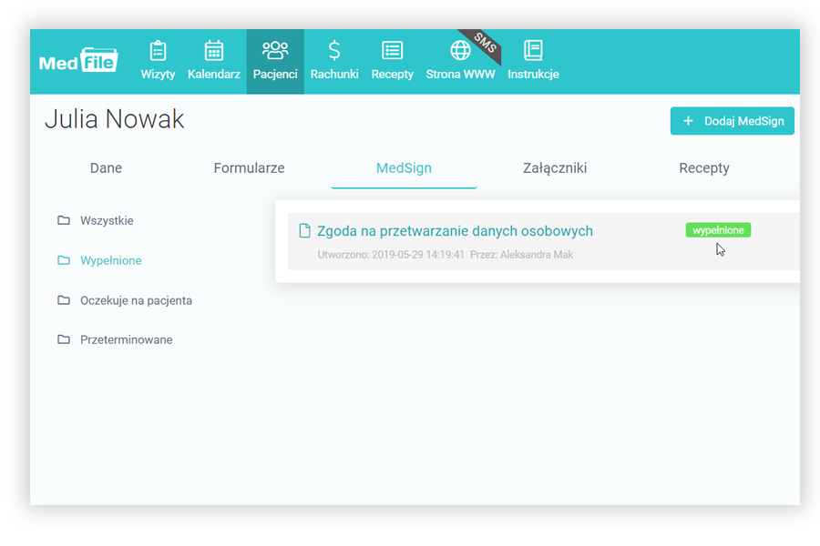 Wypełnione dane w formularzu MedSign