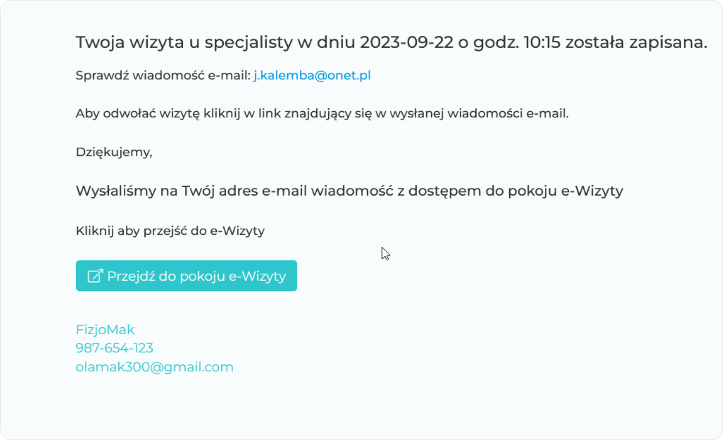 Komunikat o wysłaniu linku na adres e-mail 